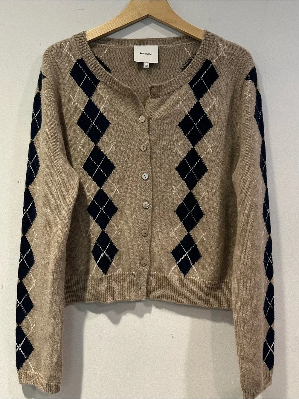 Reformation Women’s Clara Cashmere Cardigan with beige and Navy Diamonds - Picture 5 of 10